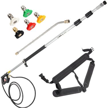 VEVOR Telescoping Pressure Washer Wand; 18ft Length Adjustable Power Washer Extension Wand; 4000PSI 9GPM Power Cleaning Tools w/ Strap Belt; 5 Nozzle Tips; 3/8'' & 1/4'' Quick Connectors