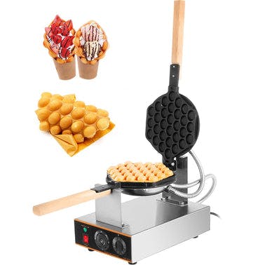 VEVOR Commercial Bubble Waffle Maker; 1400W Egg Bubble Puff Iron w/ 180° Rotatable 2 Pans & Wooden Handles