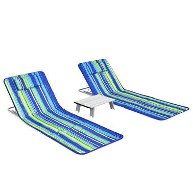 3 Pieces Beach Lounge Chair Mat Set 2 Adjustable Lounge Chairs with Table Stripe